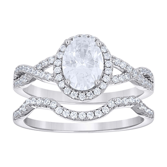 Sterling Silver Women's Oval Round Cubic-Zirconia Halo Duo Bridal Anniversary Wedding Engagement Band Ring Set
