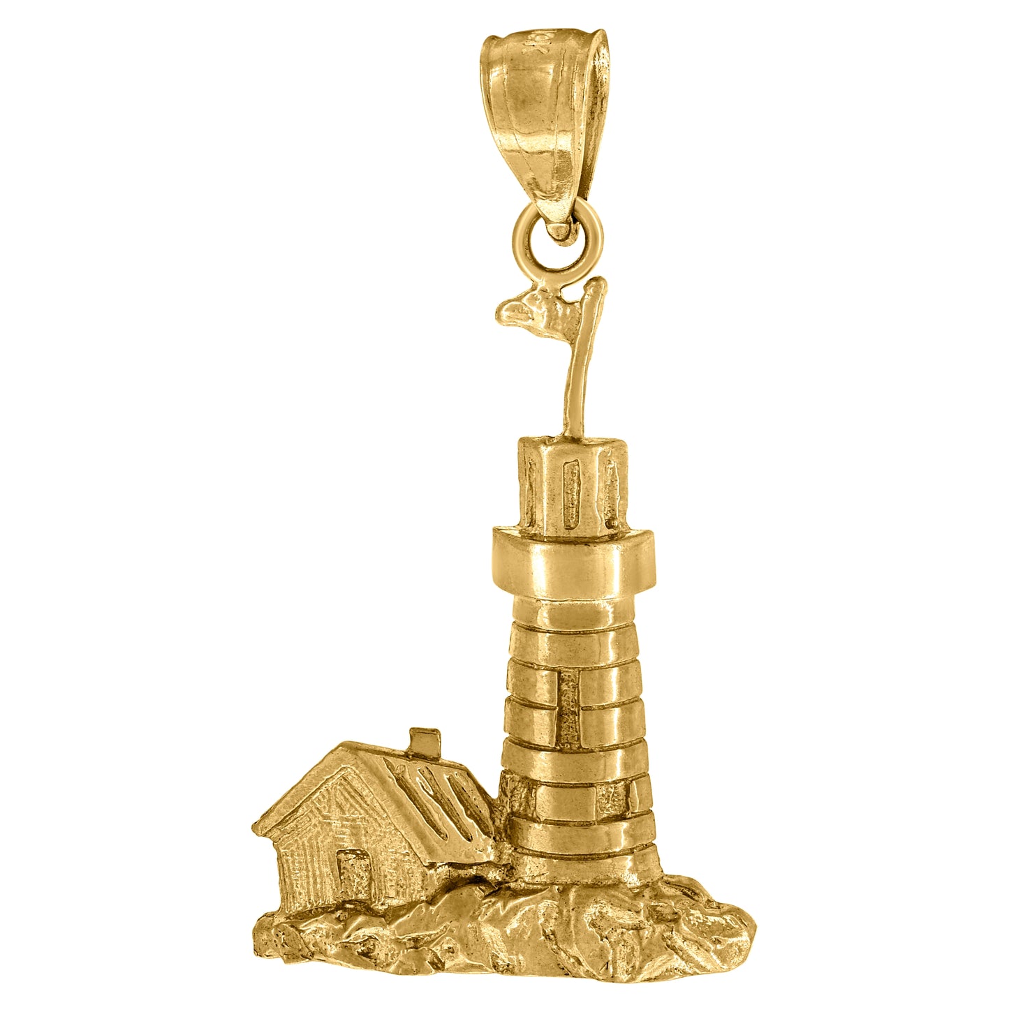 10K Yellow Gold Unisex Textured Lighthouse Charm Pendant
