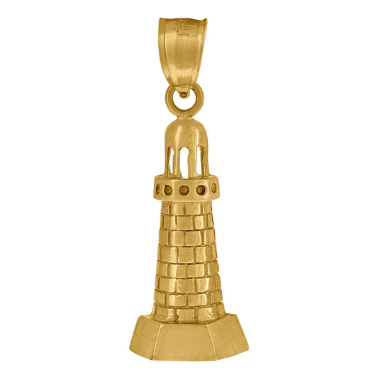 10K Yellow Gold Unisex Textured Lighthouse Charm Pendant