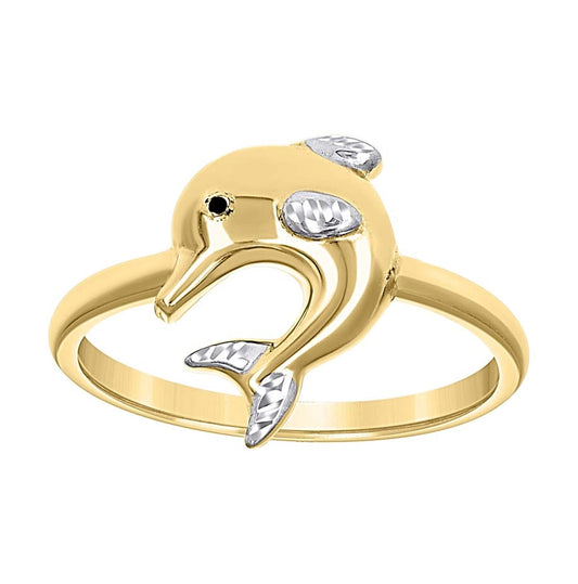14K Two-Tone Gold Womens Enameled Dolphin Ocean Life Ring