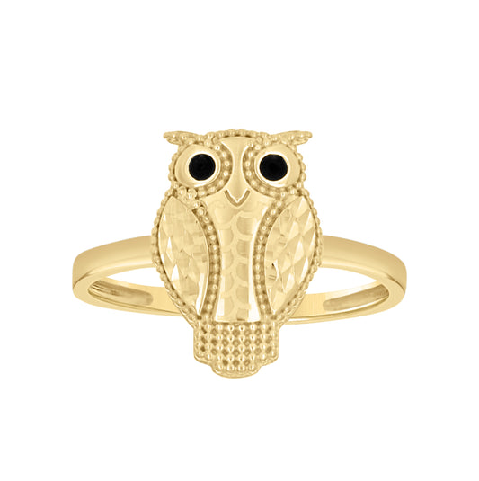 10K Yellow Gold Womens Enameled Owl Bird Wildlife Ring