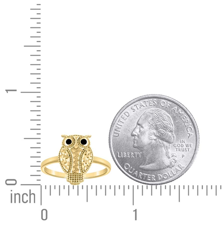 14K Yellow Gold Womens Enameled Owl Bird Wildlife Ring