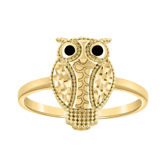 14K Yellow Gold Womens Enameled Owl Bird Wildlife Ring