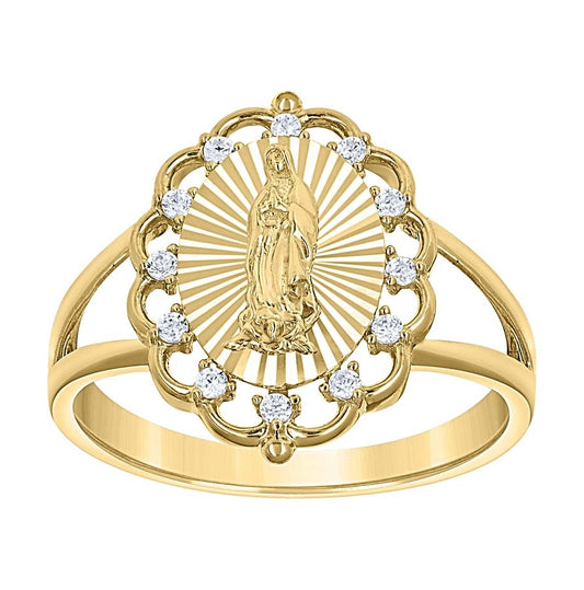 14K Yellow Gold Womens Cubic-Zirconia Flower Head Guadalupe Religious Ring