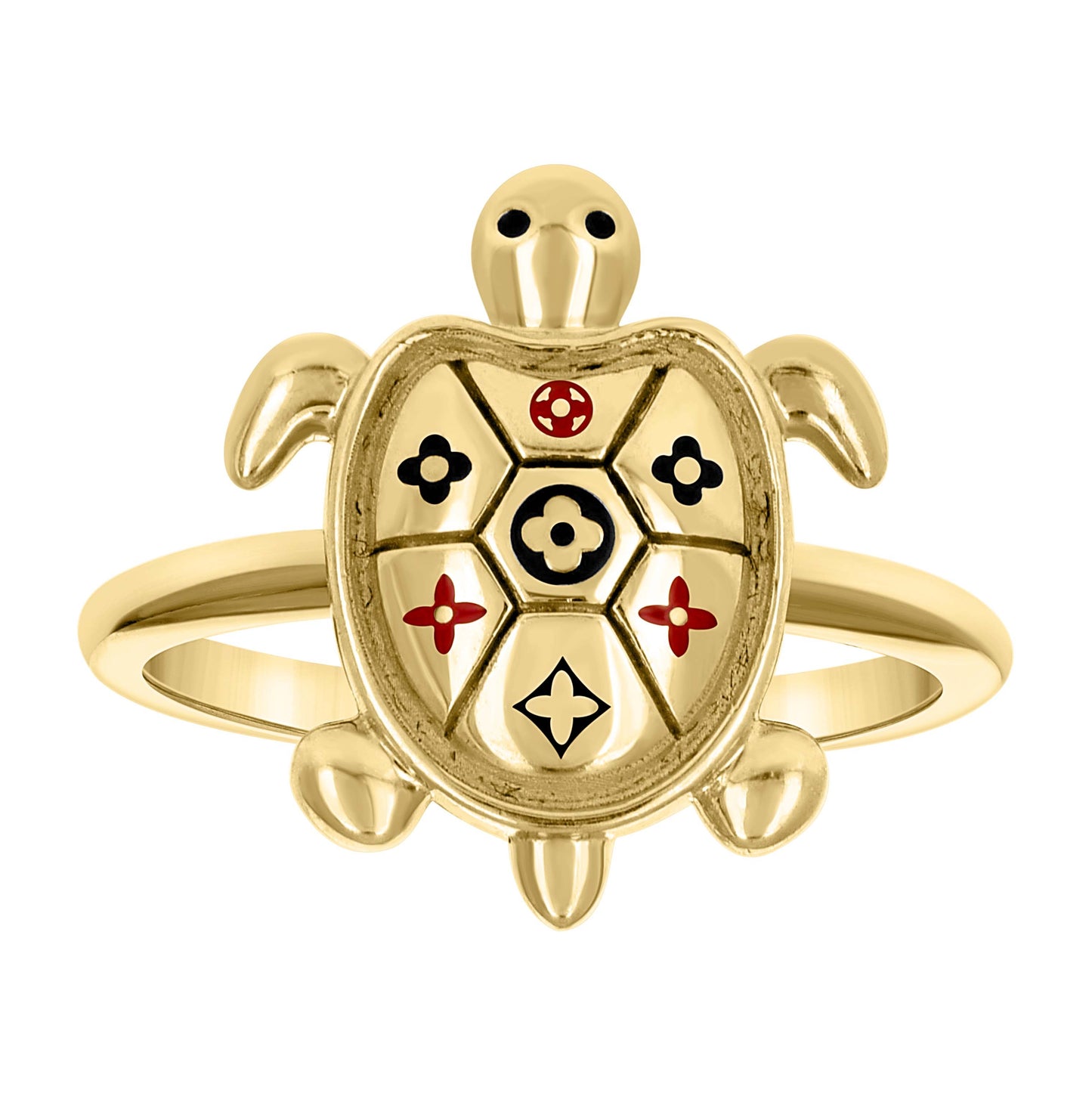 10K Yellow Gold Womens Enameled Clover Turtle Ocean Life Ring