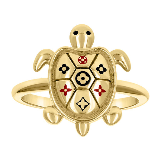 10K Yellow Gold Womens Enameled Clover Turtle Ocean Life Ring