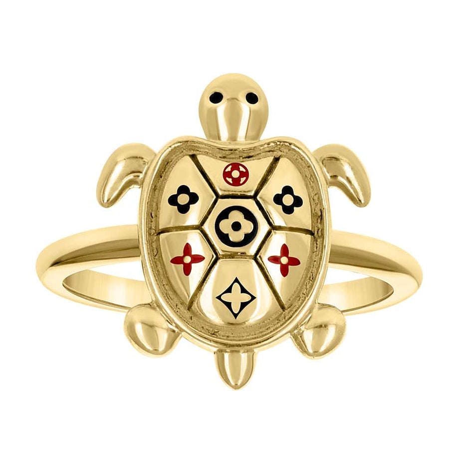 14K Yellow Gold Womens Enameled Clover Turtle Ocean Life Ring