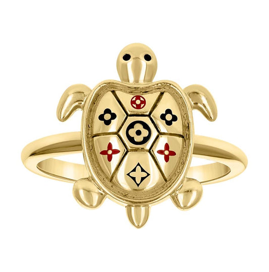 14K Yellow Gold Womens Enameled Clover Turtle Ocean Life Ring