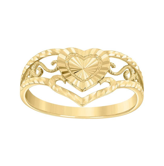 14K Yellow Gold Womens Swirl Filigree Heart Ring