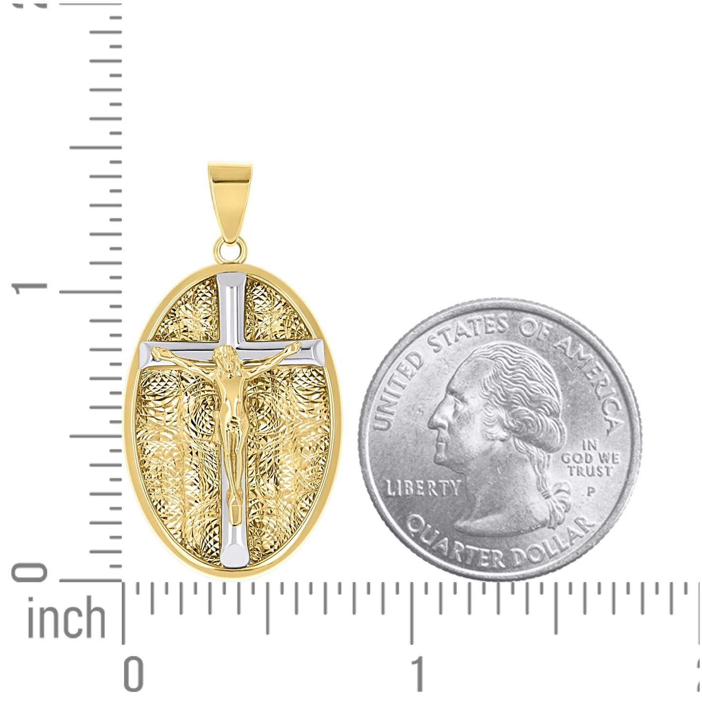 10K Two-Tone Gold Unisex Oval Crucifix Cross Religious Pendant