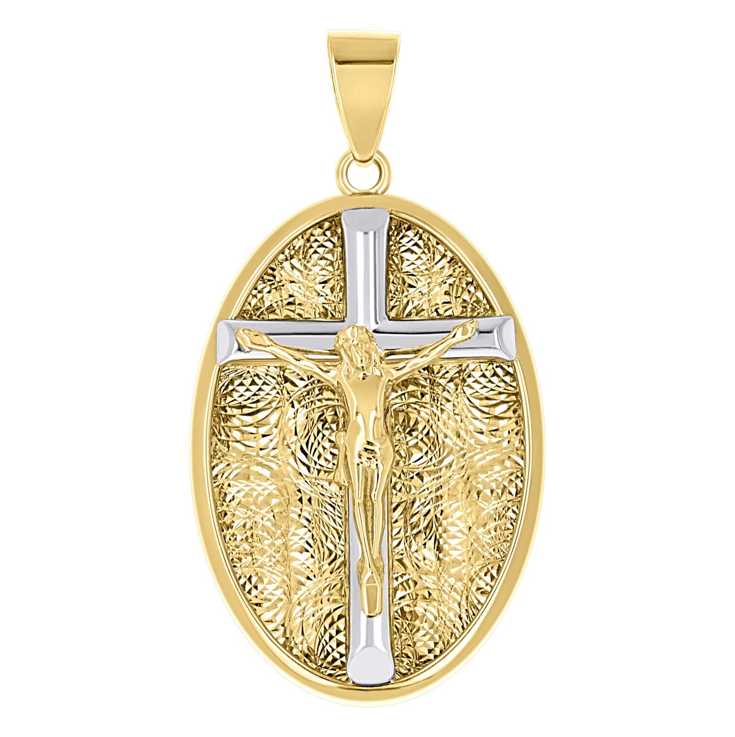 10K Two-Tone Gold Unisex Oval Crucifix Cross Religious Pendant