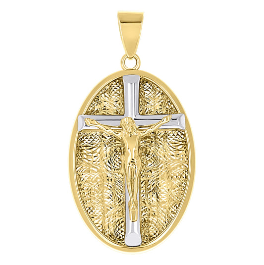 10K Two-Tone Gold Unisex Oval Crucifix Cross Religious Pendant