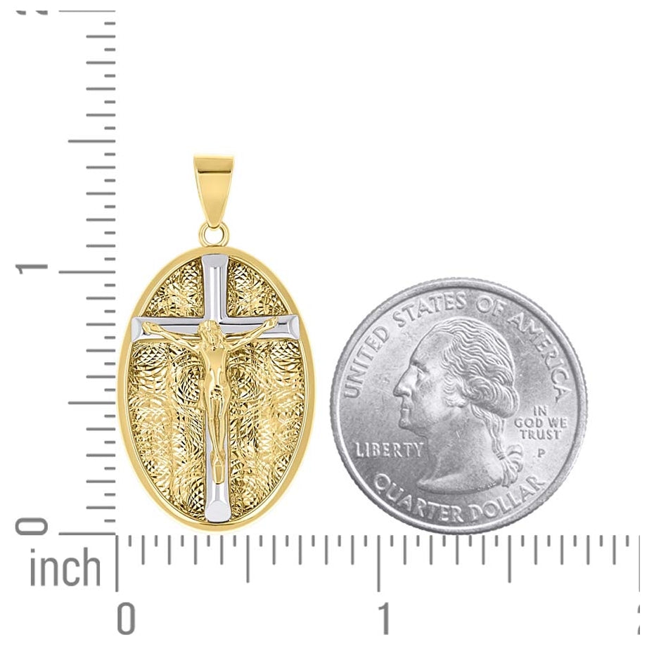14K Two-Tone Gold Unisex Oval Crucifix Cross Religious Pendant