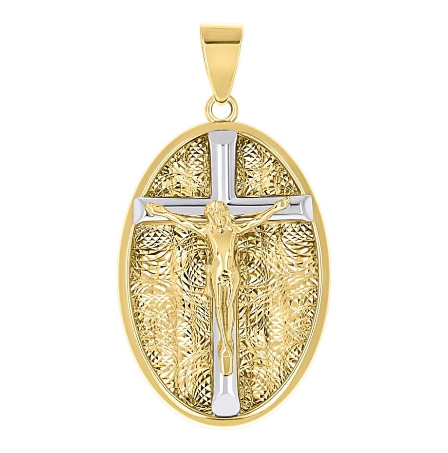 14K Two-Tone Gold Unisex Oval Crucifix Cross Religious Pendant