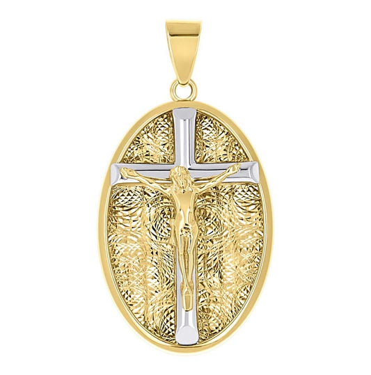14K Two-Tone Gold Unisex Oval Crucifix Cross Religious Pendant