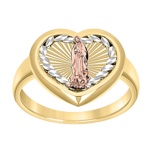 10K Tri-Color Gold Womens Heart Head Guadalupe Religious Ring