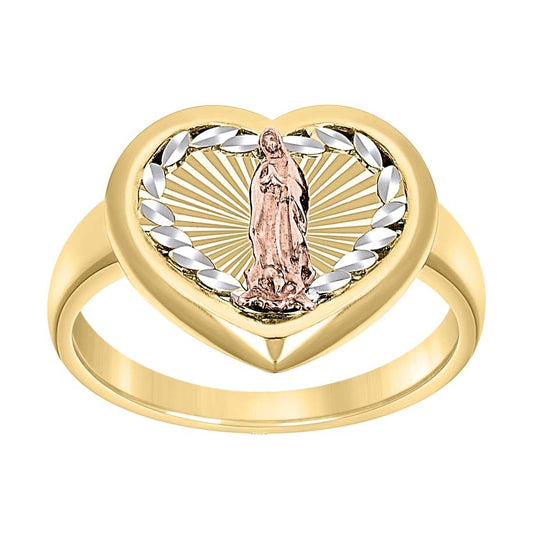 14K Tri-Color Gold Womens Heart Head Guadalupe Religious Ring