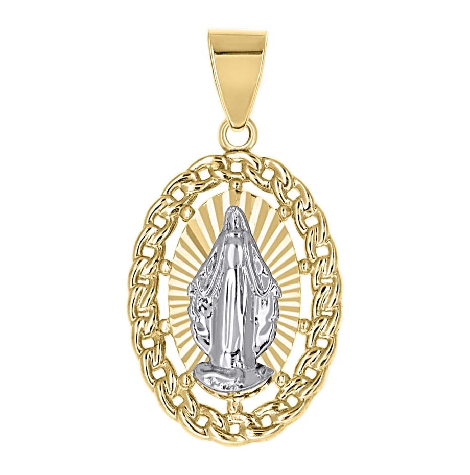 14K Two-Tone Gold Unisex Cuban Border Guadalupe Religious Pendant