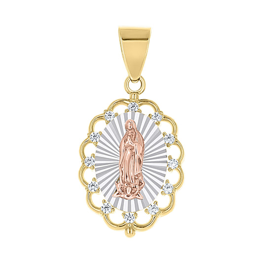 10K Tri-Color Gold Unisex Cubic-Zirconia Guadalupe Religious Pendant