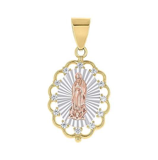 14K Tri-Color Gold Unisex Cubic-Zirconia Guadalupe Religious Pendant