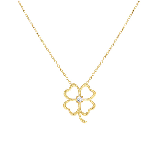 14K Yellow Gold Womens Cubic-Zirconia Four Leaf Clover Good Luck Charm Necklace 18 Inches