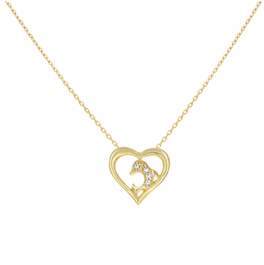 14K Yellow Gold Womens Cubic-Zirconia Dolphin Heart Love Necklace 18 Inches