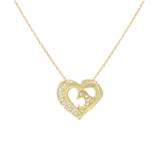 14K Yellow Gold Womens Cubic-Zirconia Dolphin Heart Love Necklace 18 Inches
