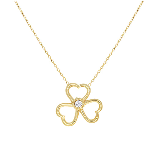 14K Yellow Gold Womens Cubic-Zirconia Three Leaf Clover Good Luck Necklace 18 Inches