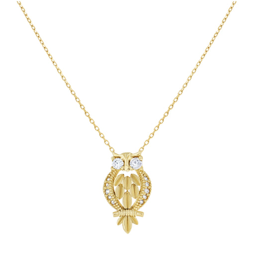 14K Yellow Gold Womens Cubic-Zirconia Owl Necklace 18 Inches