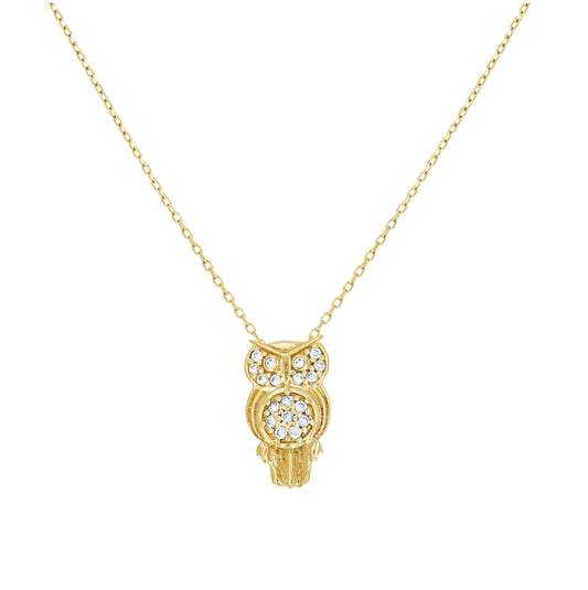 14K Yellow Gold Womens Cubic-Zirconia Owl Necklace 18 Inches