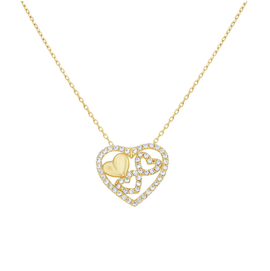 14K Yellow Gold Womens Cubic-Zirconia Hearts in Heart Necklace 18 Inches