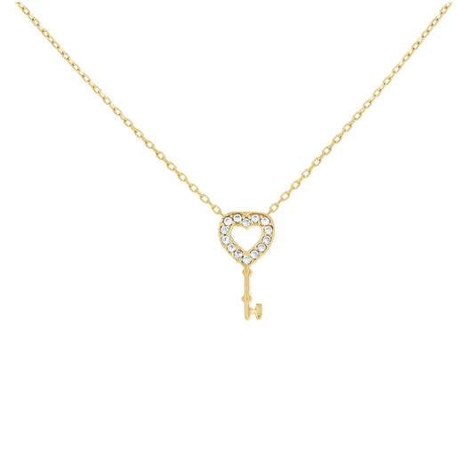 14K Yellow Gold Womens Cubic-Zirconia Heart Key Necklace 18 Inches
