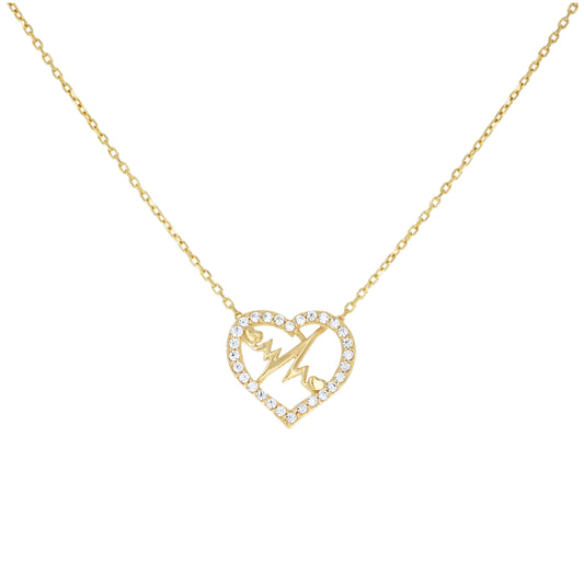 14K Yellow Gold Womens Cubic-Zirconia Heartbeat In Heart Charm Necklace 18 Inches
