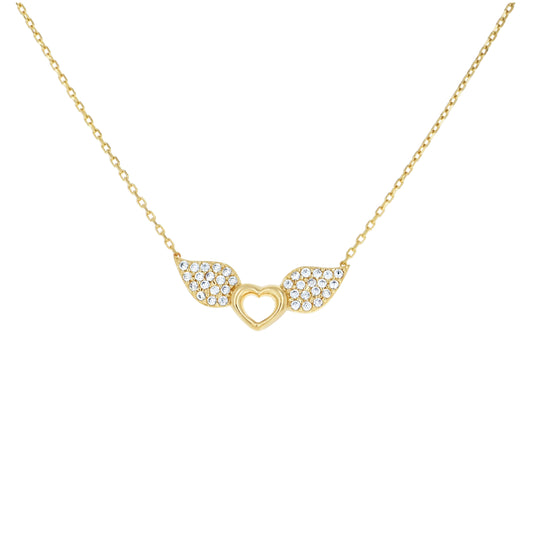 14K Yellow Gold Womens Cubic-Zirconia Flying Heart Charm Necklace 18 Inches