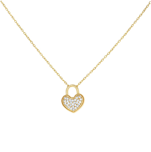 14K Yellow Gold Womens Cubic-Zirconia Heart Lock Charm Necklace 18 Inches