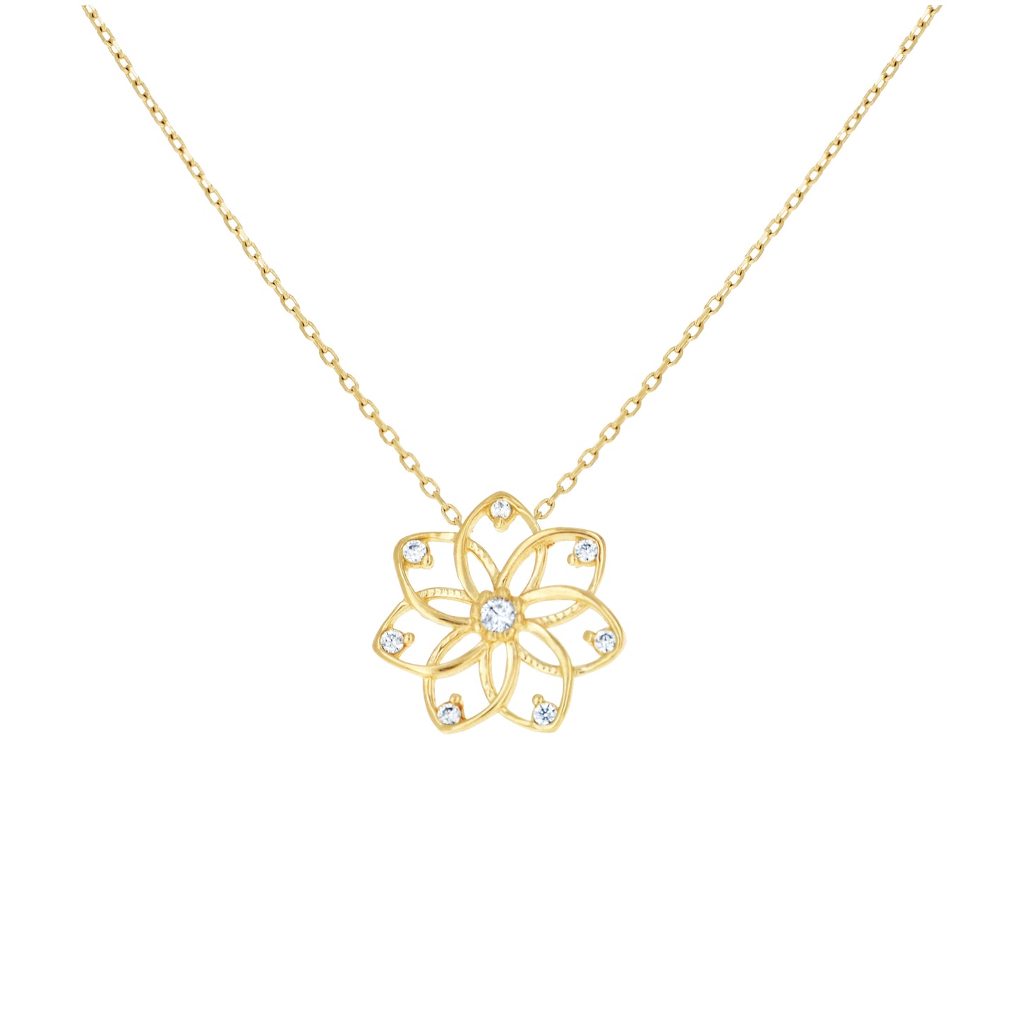 14K Yellow Gold Womens Cubic-Zirconia Flower Fashion Charm Necklace 18 Inches