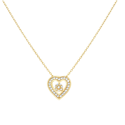 14K Yellow Gold Womens Cubic-Zirconia Heart Love Charm Necklace 18 Inches