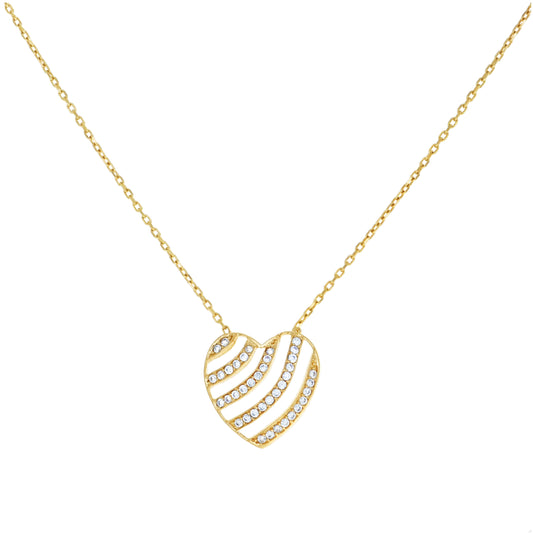 14K Yellow Gold Womens Cubic-Zirconia Striped Heart Love Charm Necklace 18 Inches
