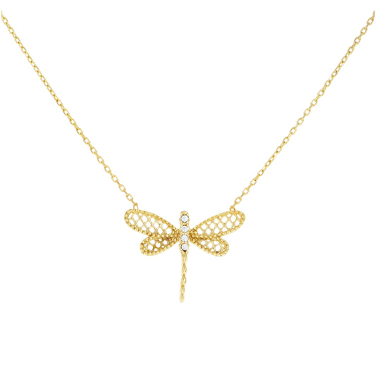 14K Yellow Gold Womens Cubic-Zirconia Dragonfly Fashion Charm Necklace 18 Inches