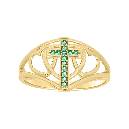 14K Yellow Gold Womens Green Cubic-Zirconia Cross Hearts Religious Ring Size 7