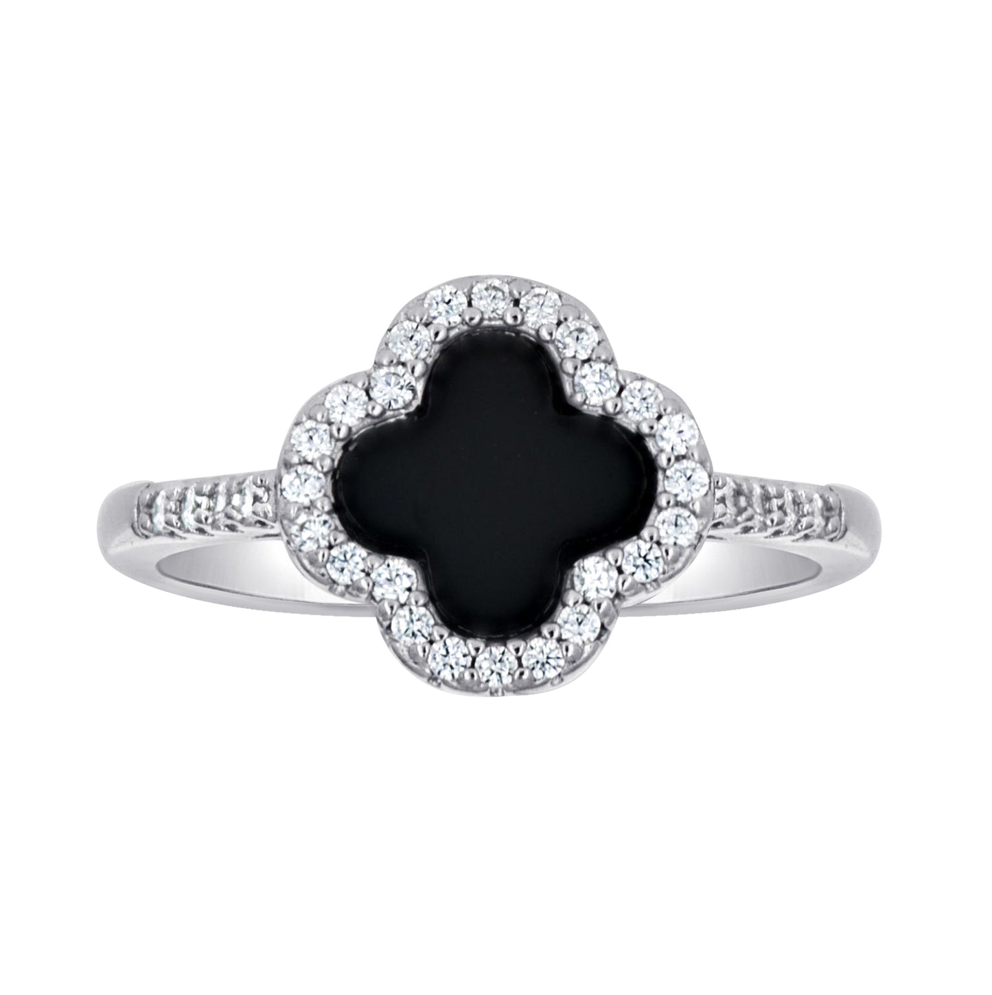 Sterling Silver Womens Cubic-Zirconia Black Enameled Clover Good Luck Bridal Anniversary Wedding Engagement Band Ring