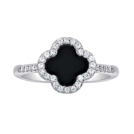Sterling Silver Womens Cubic-Zirconia Black Enameled Clover Good Luck Bridal Anniversary Wedding Engagement Band Ring