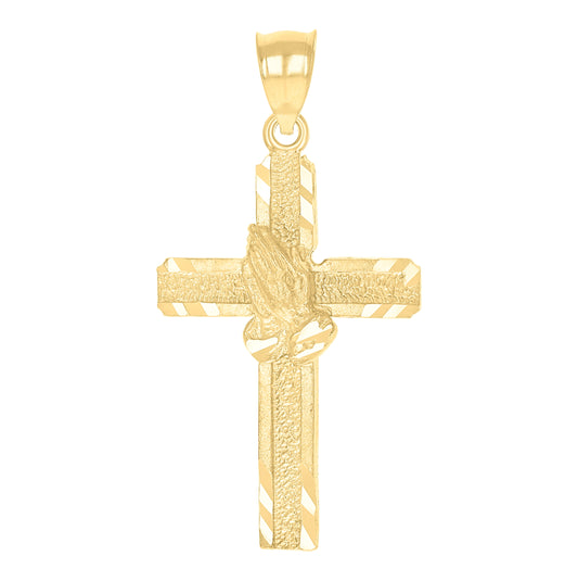10K Yellow Gold Diamond-Cut Unisex Cross Praying Hands Religious Charm Pendant