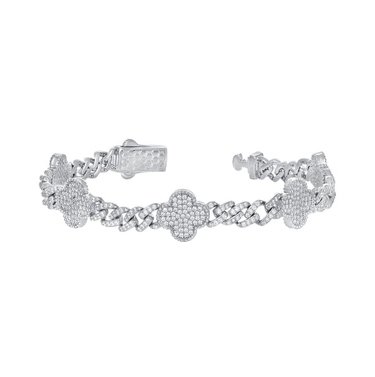 Sterling Silver Womens Cubic-Zirconia Clover Good Luck Bracelet