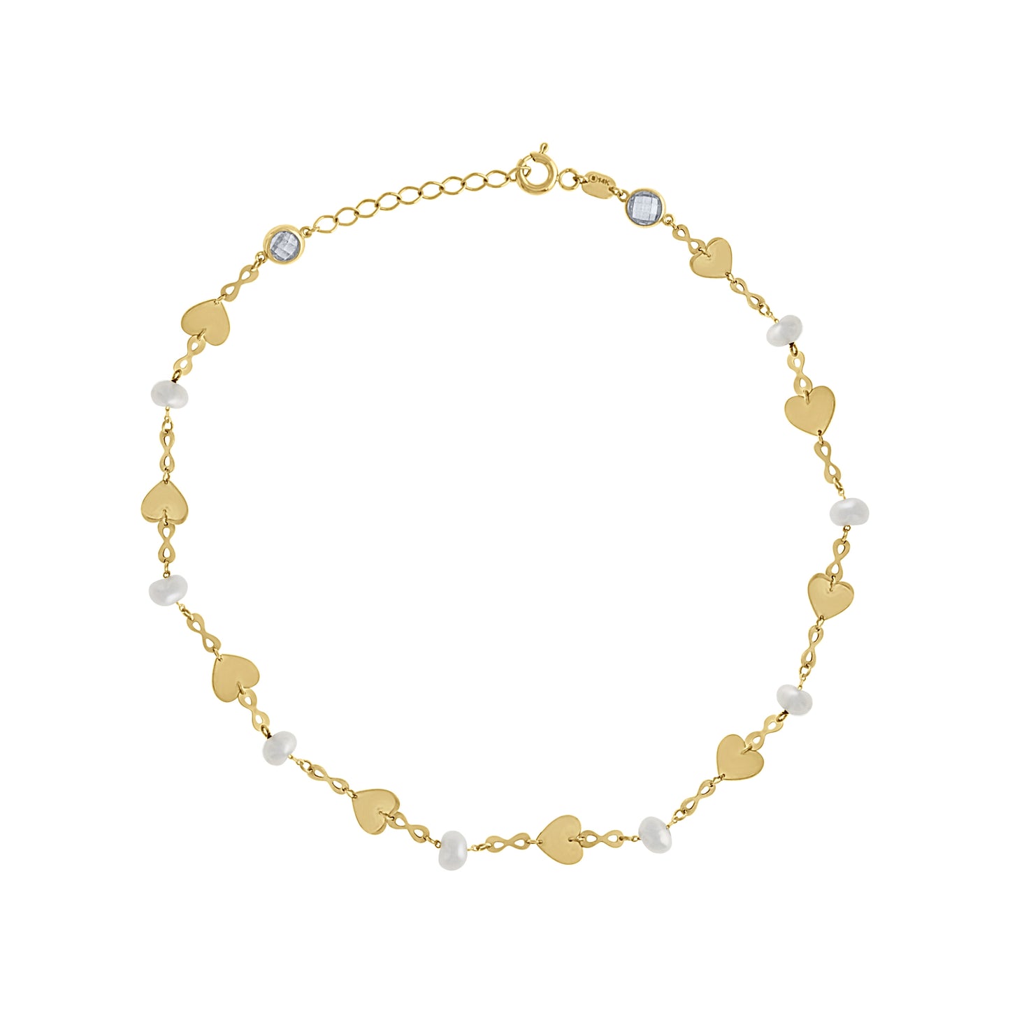 14K Yellow Gold Womens Cubic-Zirconia Infinity Heart Charm Anklet 9 Inches
