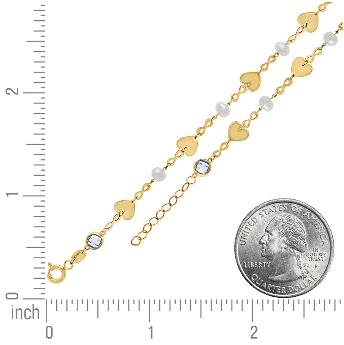 14K Yellow Gold Womens Cubic-Zirconia Infinity Heart Charm Anklet 9 Inches