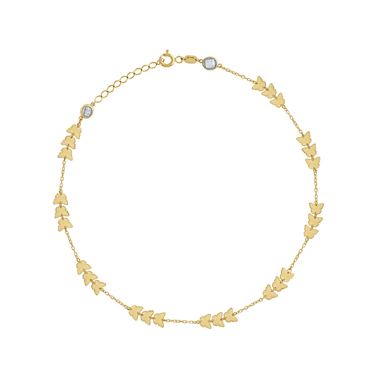 14K Yellow Gold Womens Cubic-Zirconia Butterfly Fashion Link Anklet 10 Inches