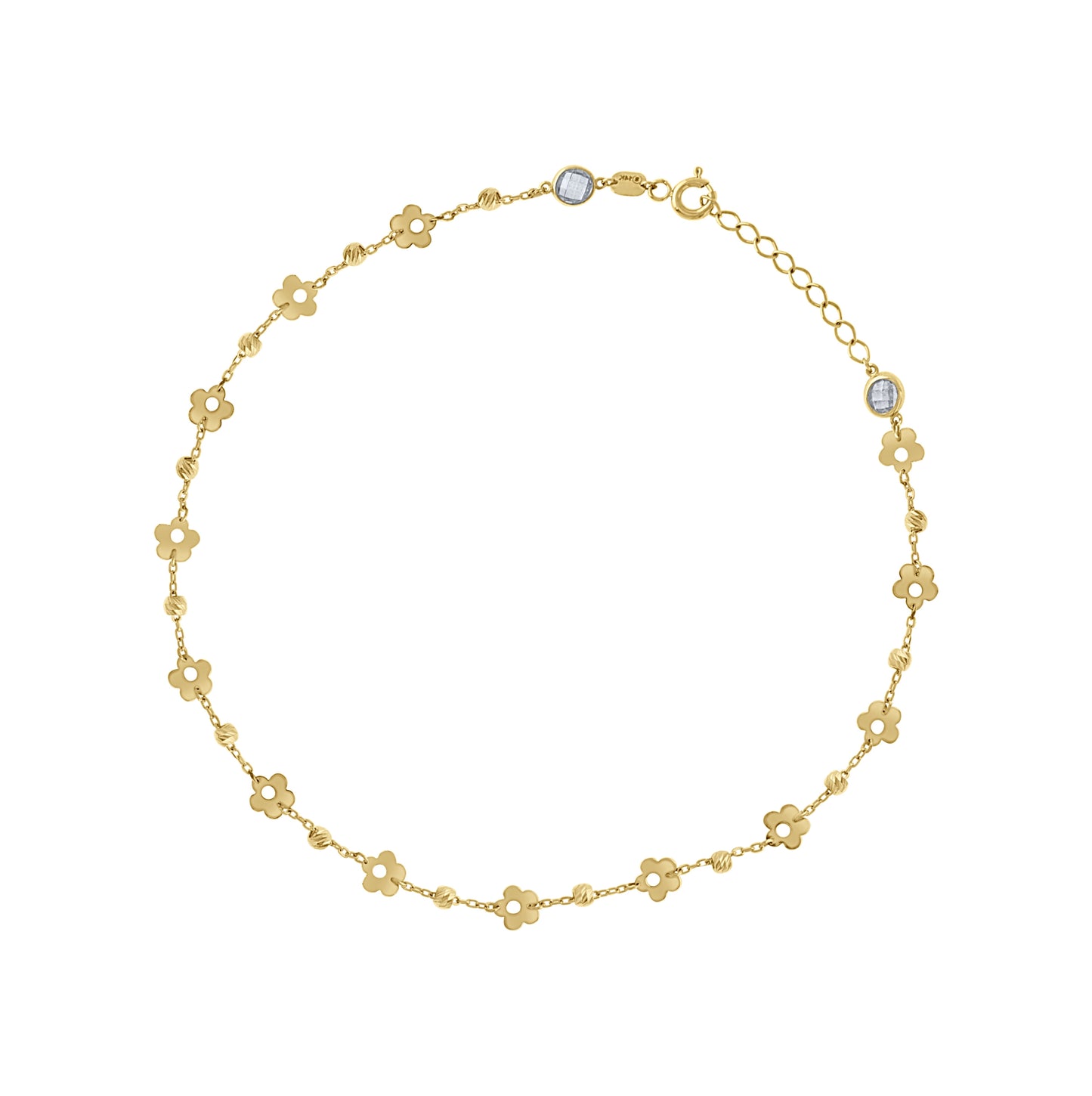 14K Yellow Gold Womens Cubic-Zirconia Beaded Clover Fashion Link Anklet 10 Inches