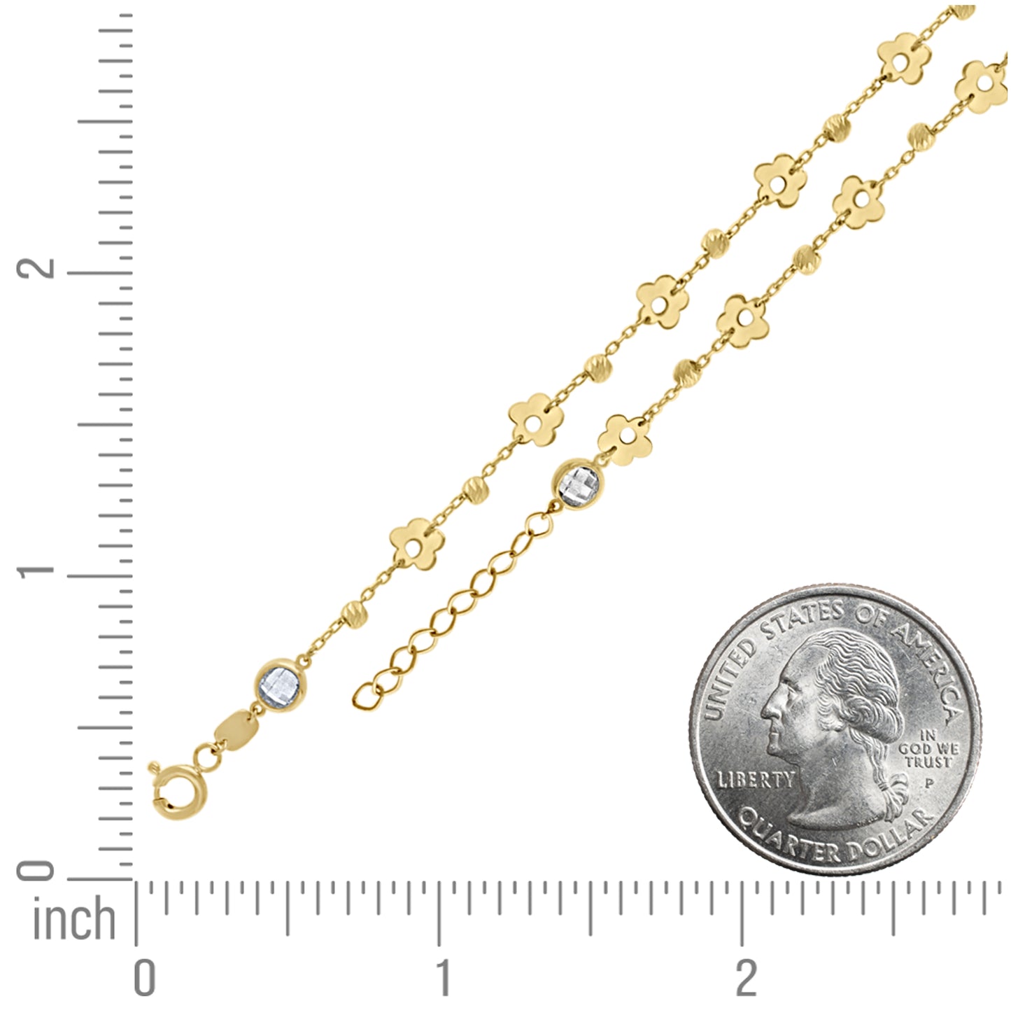 14K Yellow Gold Womens Cubic-Zirconia Beaded Clover Fashion Link Anklet 10 Inches