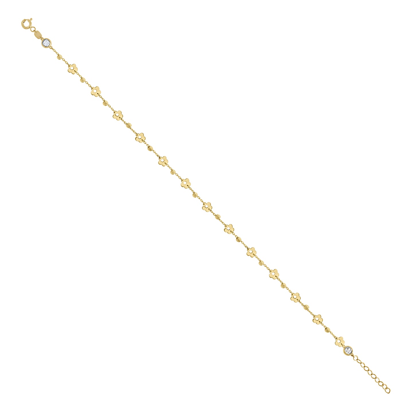 14K Yellow Gold Womens Cubic-Zirconia Beaded Clover Fashion Link Anklet 10 Inches